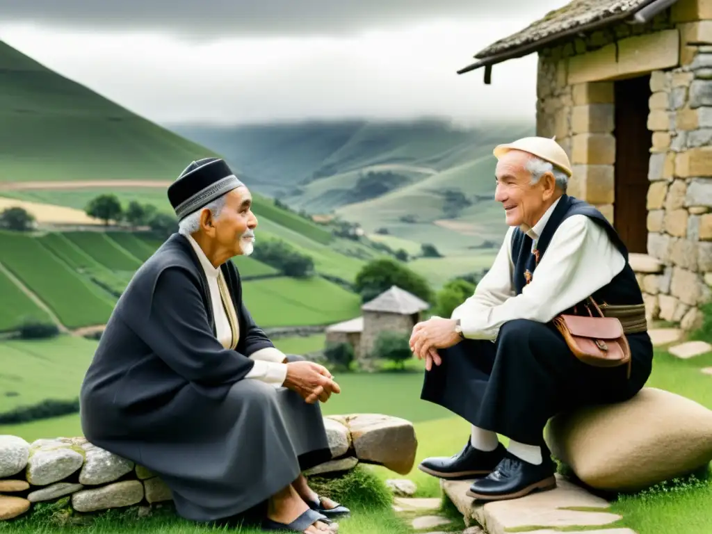 Imagen en blanco y negro de un anciano asturleonés transmitiendo su herencia cultural y luchando contra la extinción lingüística, frente a una casa de piedra rústica en un paisaje de colinas verdes