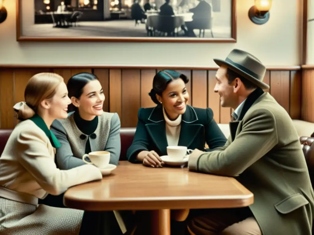 Imagen en blanco y negro de un animado grupo en un café antiguo, redefiniendo dialectos regionales en una atmósfera nostálgica de cambio social