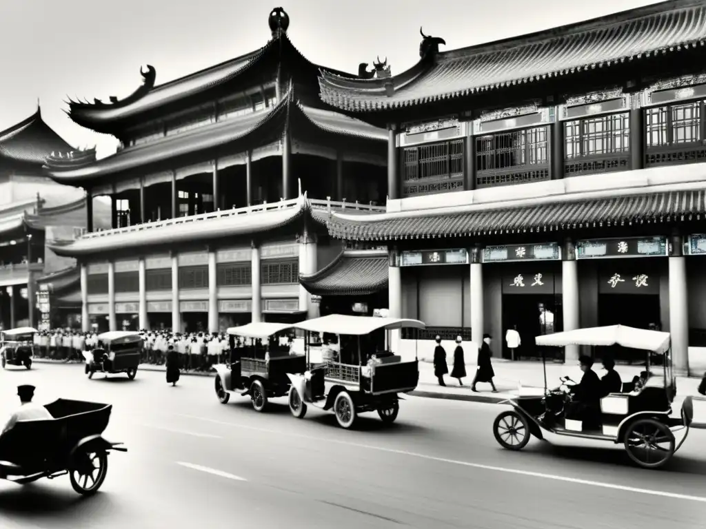 Imagen en blanco y negro de una bulliciosa calle de Shanghai, mostrando la influencia shanghainés en la literatura moderna china