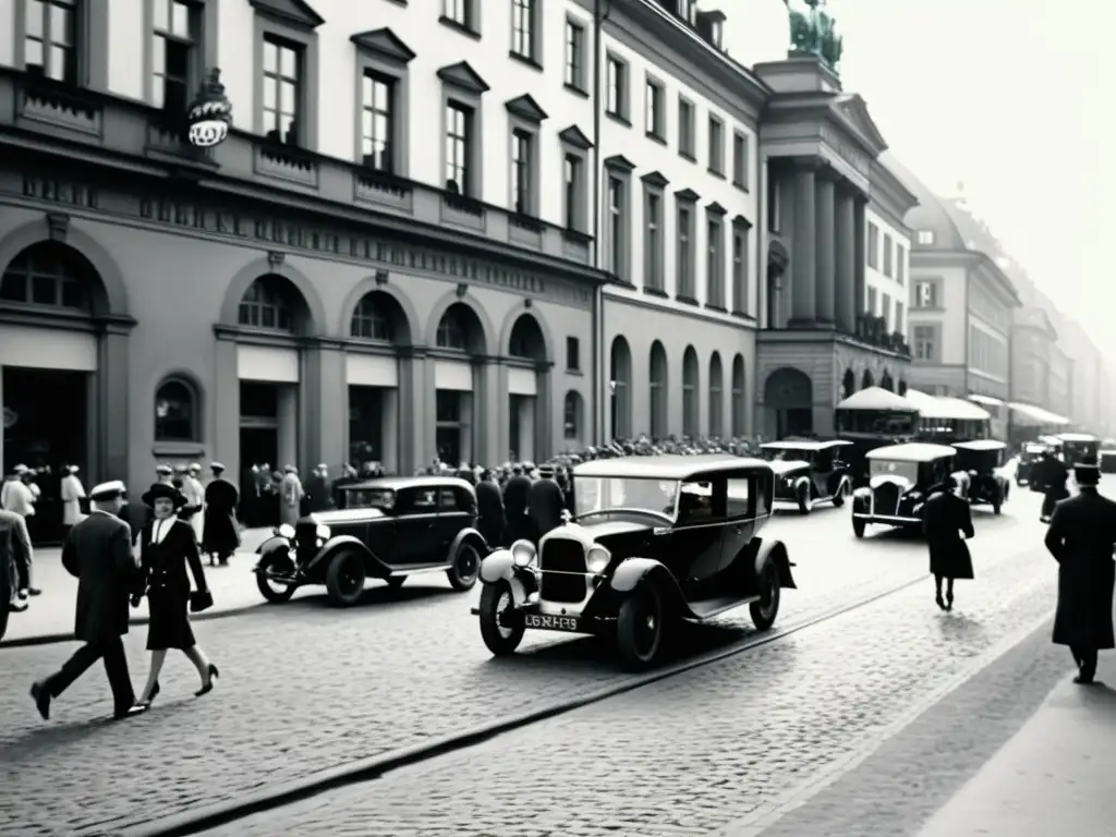 Berlín en los años 20: energía y sofisticación Imagen en blanco y negro de una bulliciosa calle de Berlín en los años 20, con edificios ornamentados y gente vestida de la época