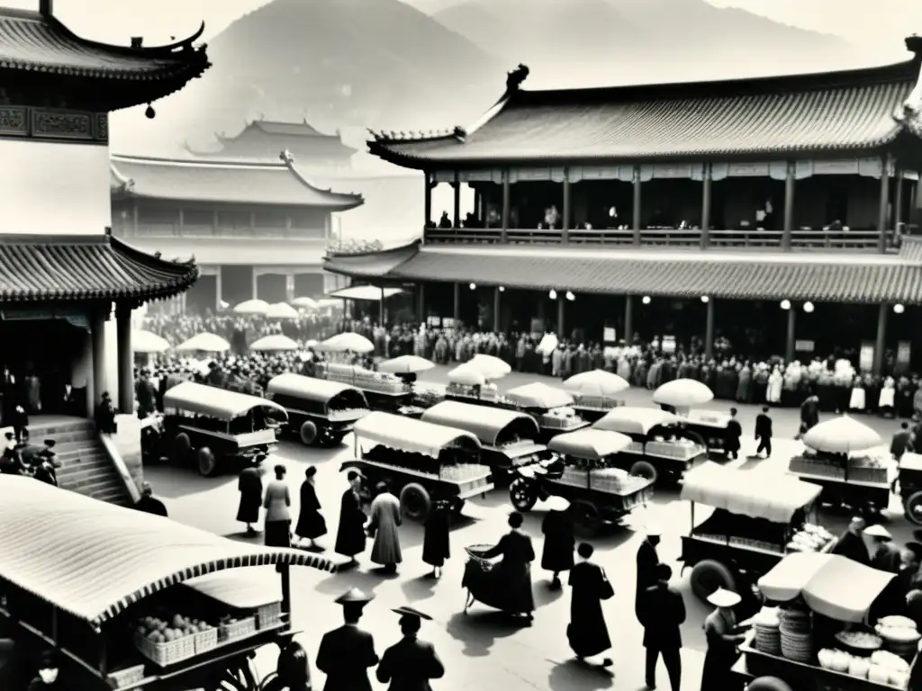 Imagen en blanco y negro de un bullicioso mercado chino durante la Revolución Cultural, con impacto en la lengua y dialectos de China