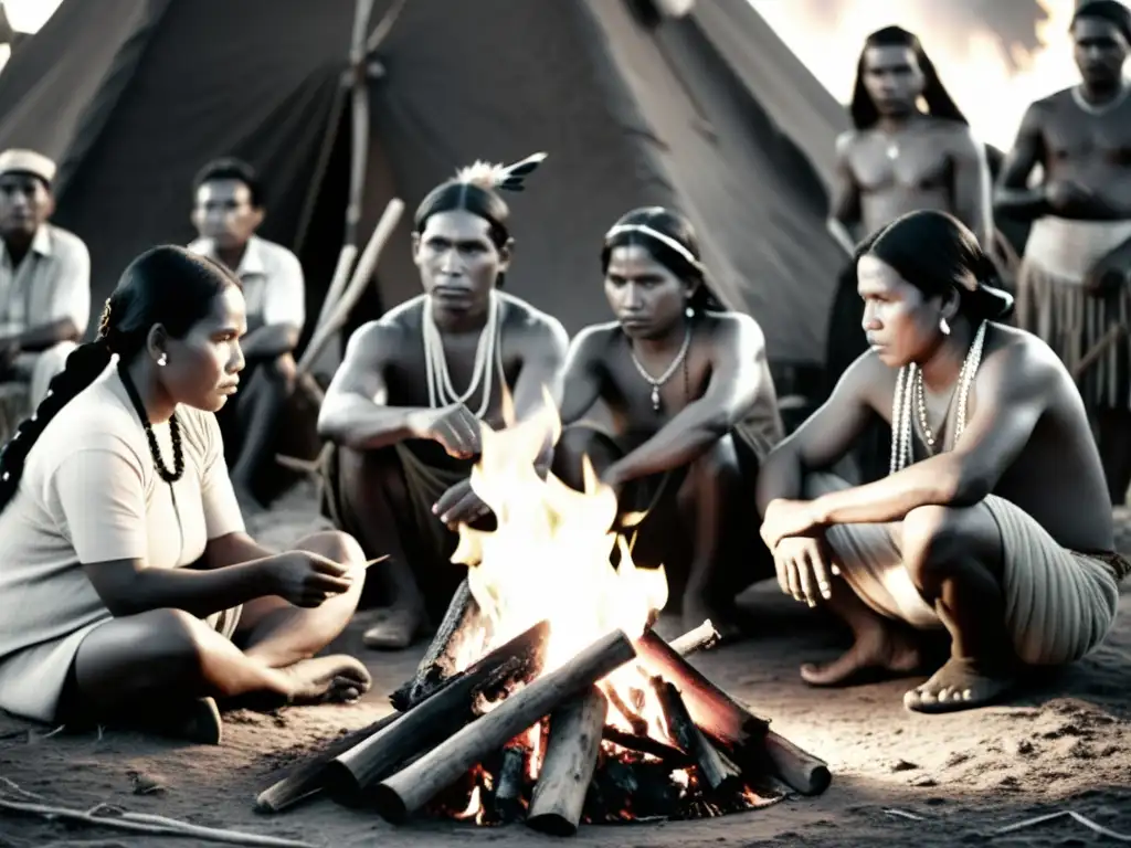 Imagen en blanco y negro de indígenas reunidos alrededor de un fuego, resistiendo la dominación del inglés y preservando sus lenguas minoritarias