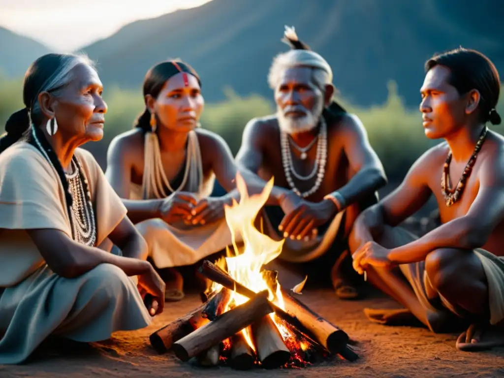 Imagen en blanco y negro de indígenas reunidos alrededor de una fogata, compartiendo historias tradicionales en lenguas minoritarias del mundo