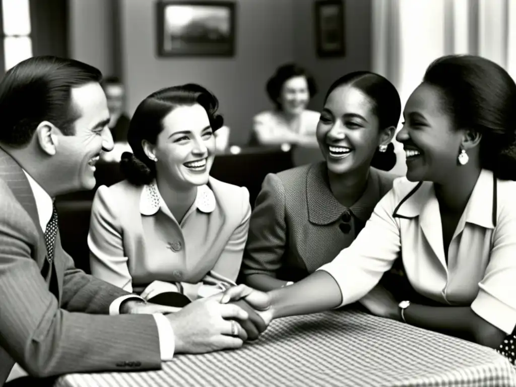 Conversaciones animadas: Encanto vintage y complicidad humana Imagen en blanco y negro de personas conversando animadamente alrededor de una mesa, captando sarcasmo y humor en NLP