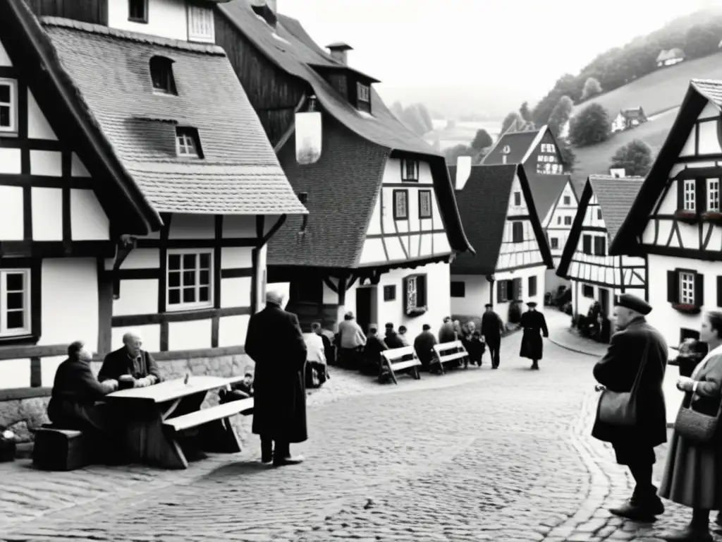 Una imagen en blanco y negro de un pintoresco pueblo germánico, con casas tradicionales y una animada conversación en dialecto germánico