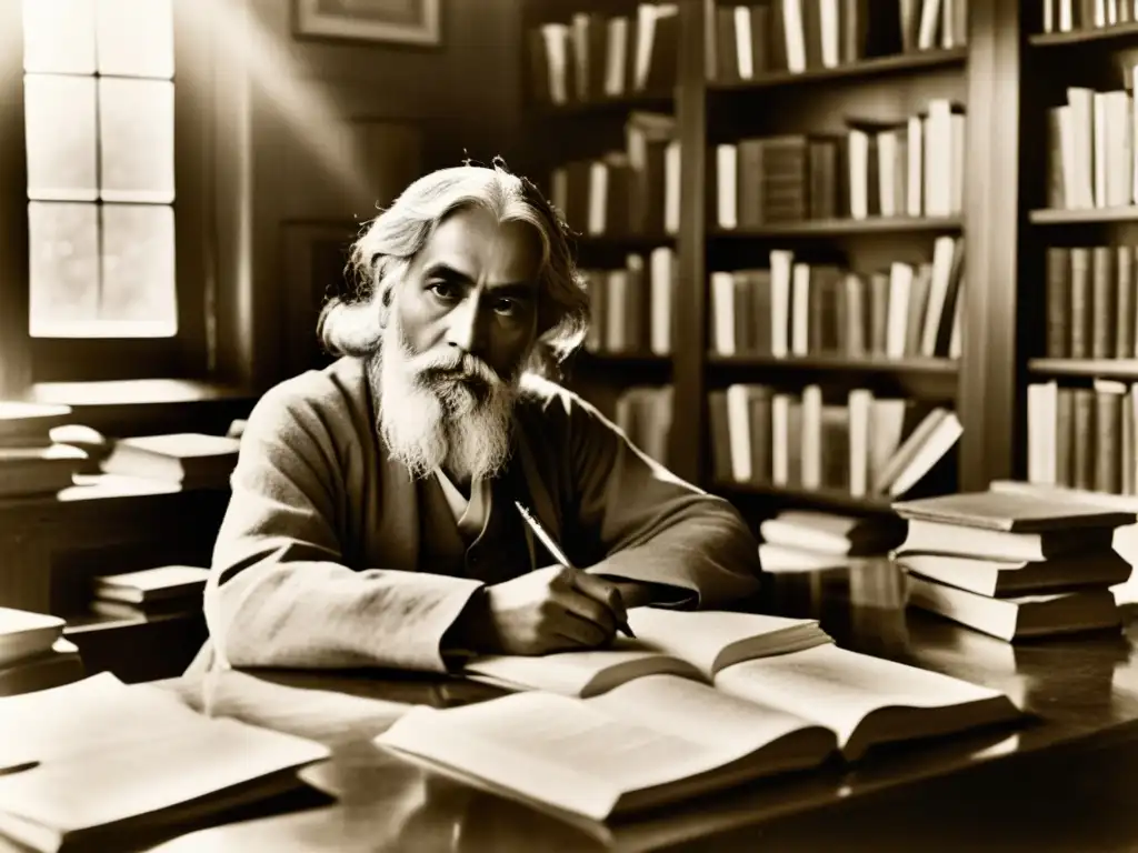 Imagen en blanco y negro de Rabindranath Tagore en su escritorio, inmerso en pensamientos, rodeado de libros y manuscritos