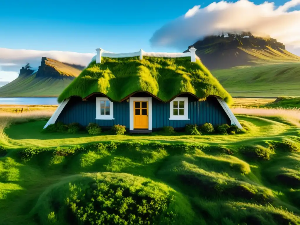 Imagen de una casa de turba islandesa en paisaje montañoso nevado con la palabra clave casos gramaticales en islandés