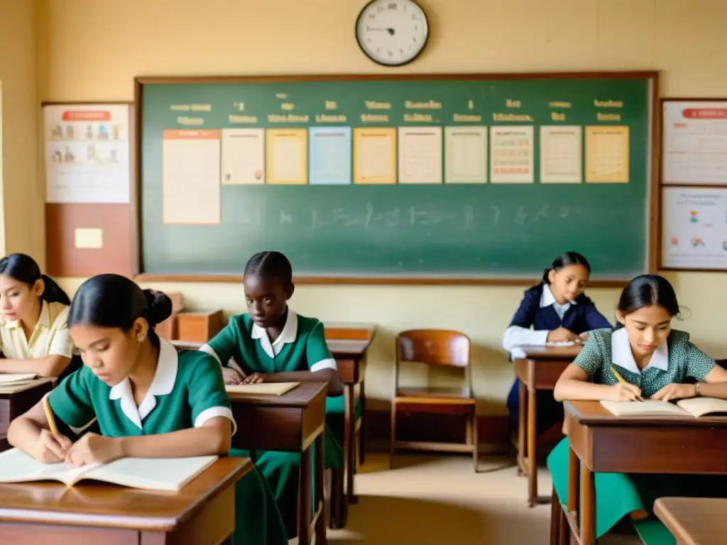 Imagen detallada 8k de aula vintage con estudiantes de diversos idiomas practicando estrategias para aprender múltiples idiomas simultáneamente