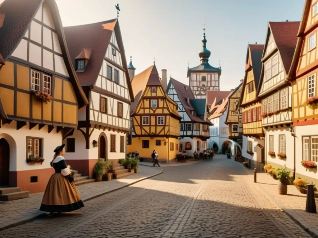 Imagen detallada en 8k de una ciudad colonial americana con casas de entramado de madera, calles empedradas y personas vestidas con trajes tradicionales alemanes