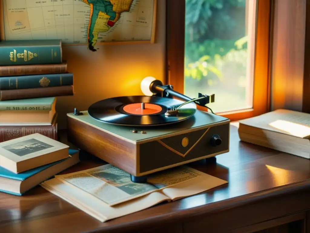 Phonograph vintage con discos de vinilo en 8k Una imagen detallada en 8k de un fonógrafo vintage con discos de vinilo antiguos apilados al lado