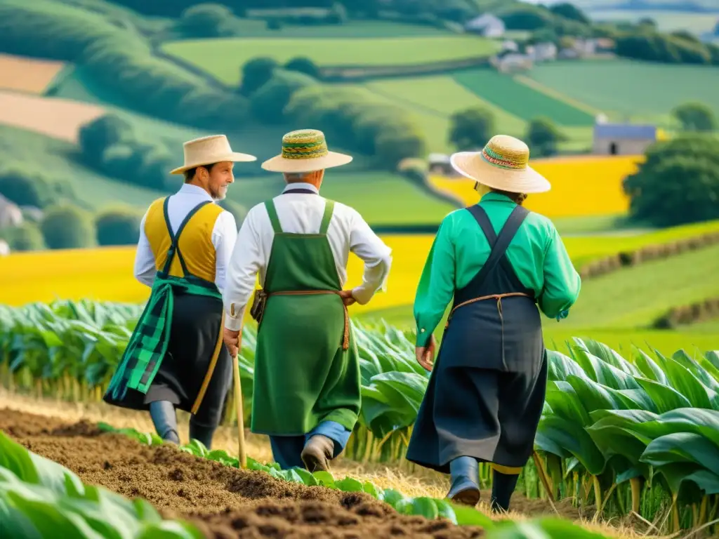 Imagen 8k detallada de granjeros bretones cuidando sus cultivos tradicionales en la campiña de Bretaña, Francia