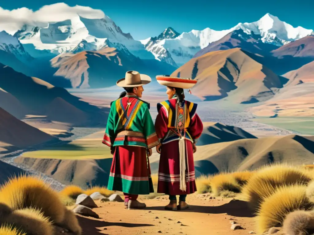 Imagen de ilustración vintage detallada de personas Aymara conversando cortésmente, con trajes tradicionales y fondo de los Andes