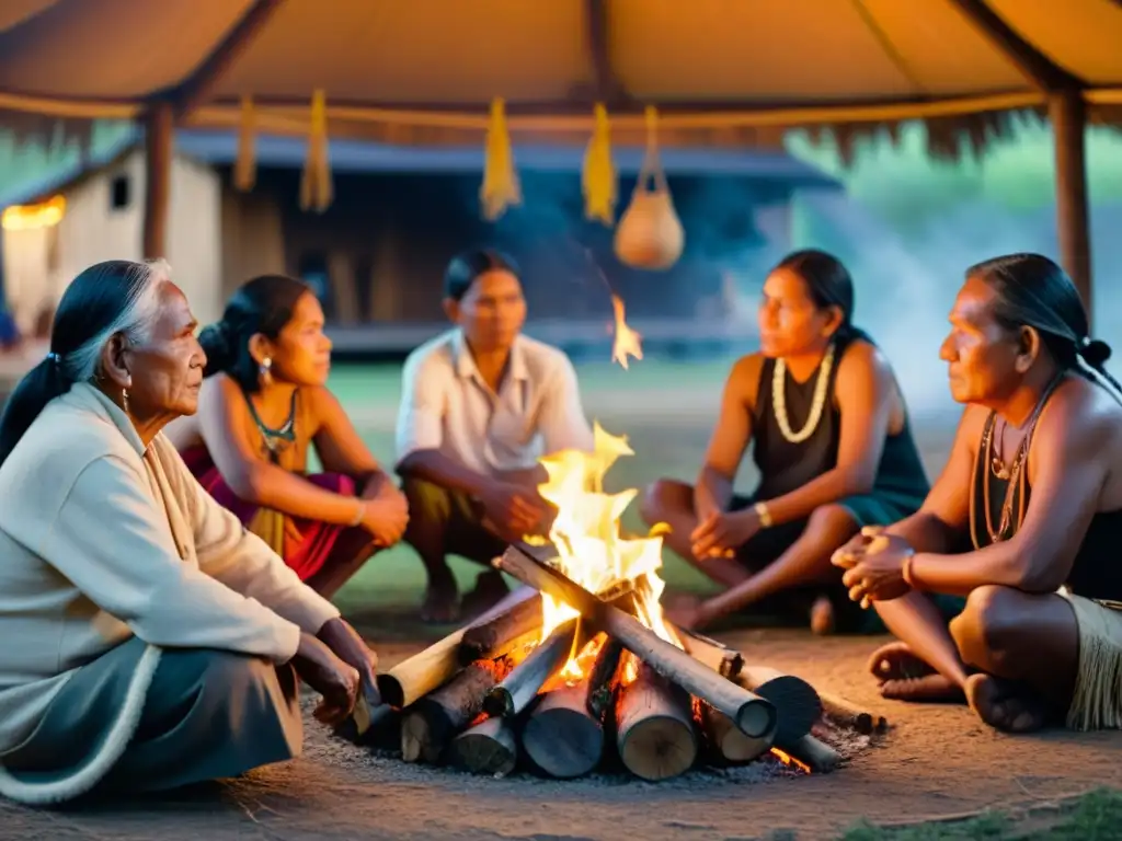 Imagen de preservación de dialectos en peligro: comunidad indígena reunida alrededor del fuego, transmitiendo tradiciones y enseñanzas