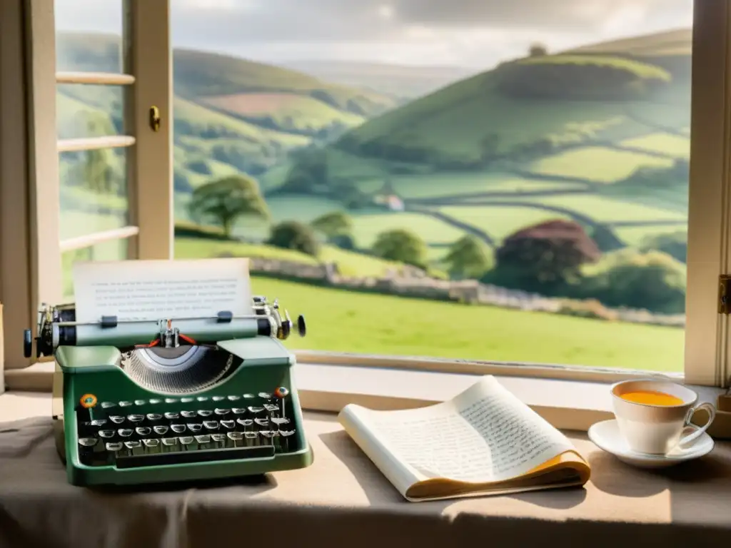 Escritura galesa entre colinas verdes y nostalgia Imagen de una escena nostálgica con una antigua máquina de escribir en galés, literatura y evolución del galés en literatura