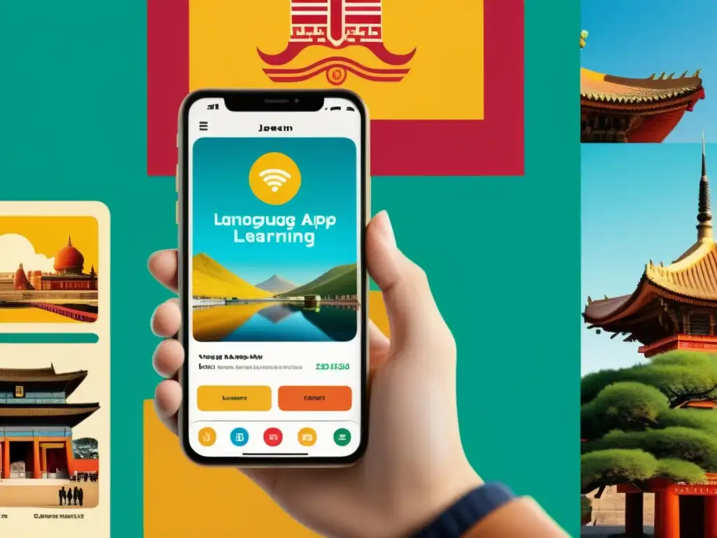 Una imagen evocadora de una app de lenguas con contenido cultural en un smartphone vintage, rodeado de elementos nostálgicos y libros antiguos