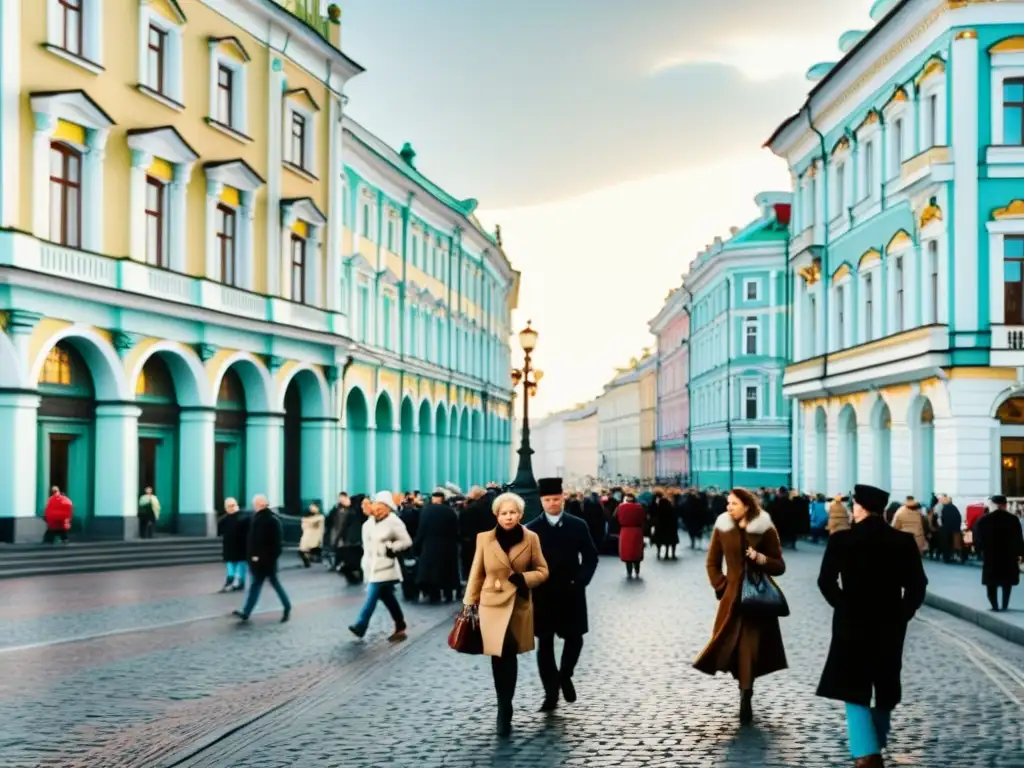 Imagen evocadora de la vida diaria en San Petersburgo, con edificios históricos, calles empedradas y moda rusa