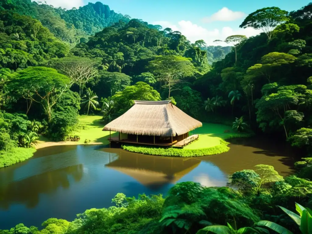 Imagen sepia de la exuberante selva amazónica, con árboles altos y un río serpenteante