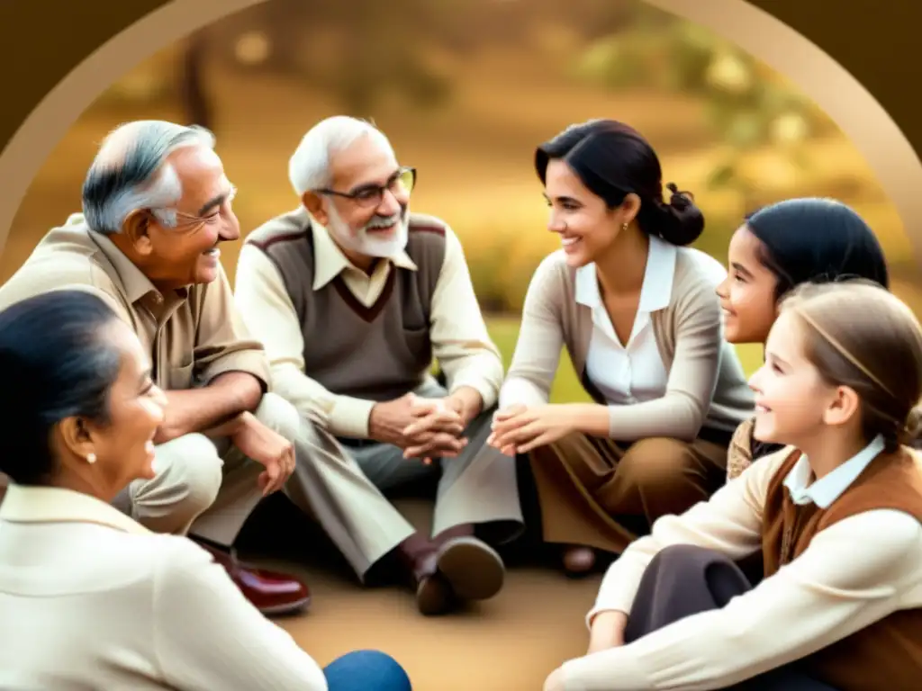 Imagen sepia de una familia multigeneracional compartiendo historias y sabiduría, preservación de lenguas a través de la transmisión oral