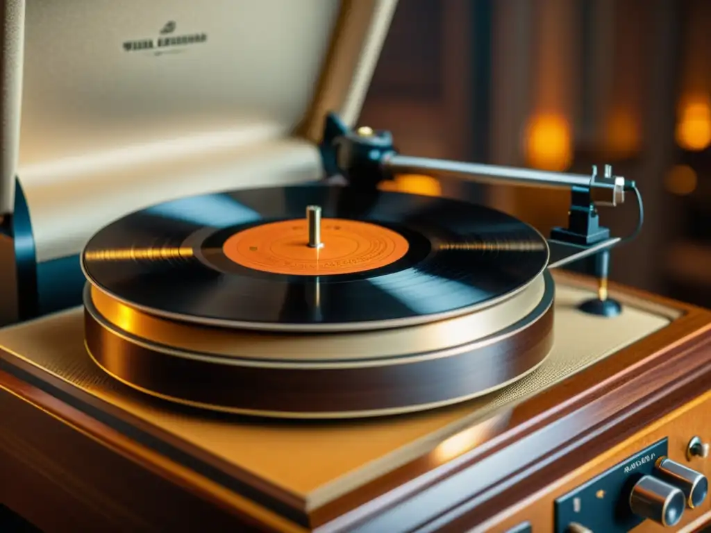 Una imagen en sepia de un fonógrafo vintage con un disco de vinilo girando, evocando una atmósfera cálida y nostálgica