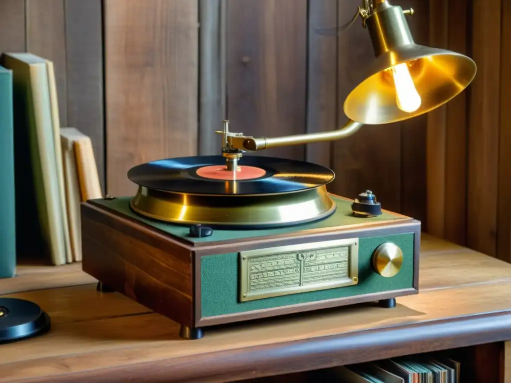 Una imagen con un fonógrafo vintage de latón en una mesa rústica iluminada por una cálida luz, evocando nostalgia