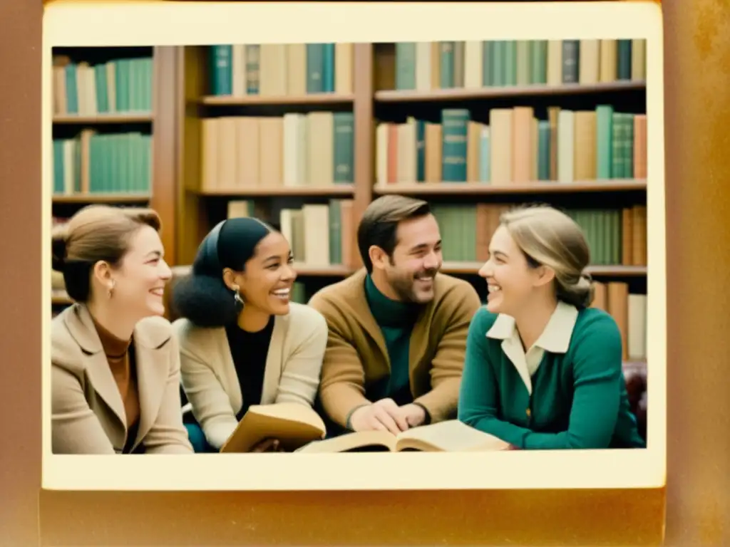 Imagen sepia de un grupo en animada conversación en una acogedora biblioteca llena de libros