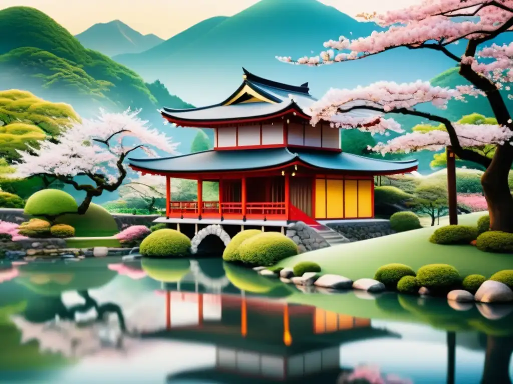 Imagen de un hermoso tea house japonés rodeado de sakura, montañas y un río, evocando la riqueza cultural