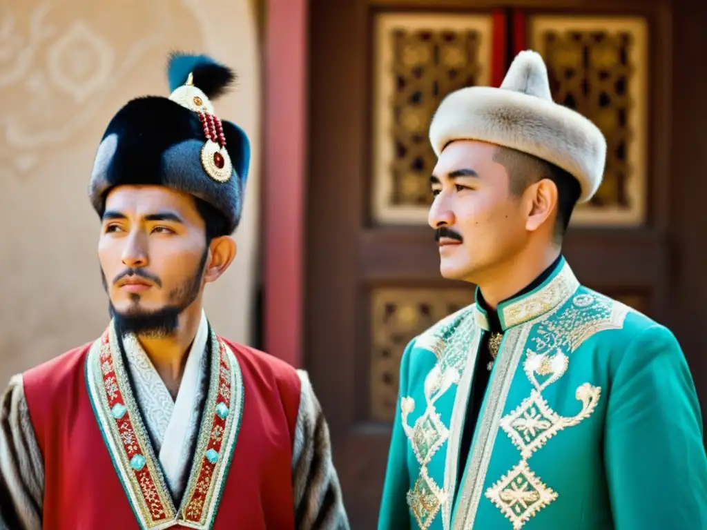 Imagen de dos hombres uigures y uzbekos en trajes tradicionales, conectados con la evolución de las lenguas túrquicas en Asia Central