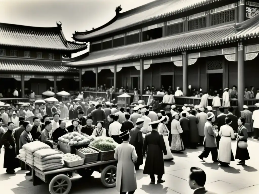 Imagen impactante del bullicioso mercado de la antigua China, muestra la diversidad lingüística y cultural previa a la Revolución Cultural China