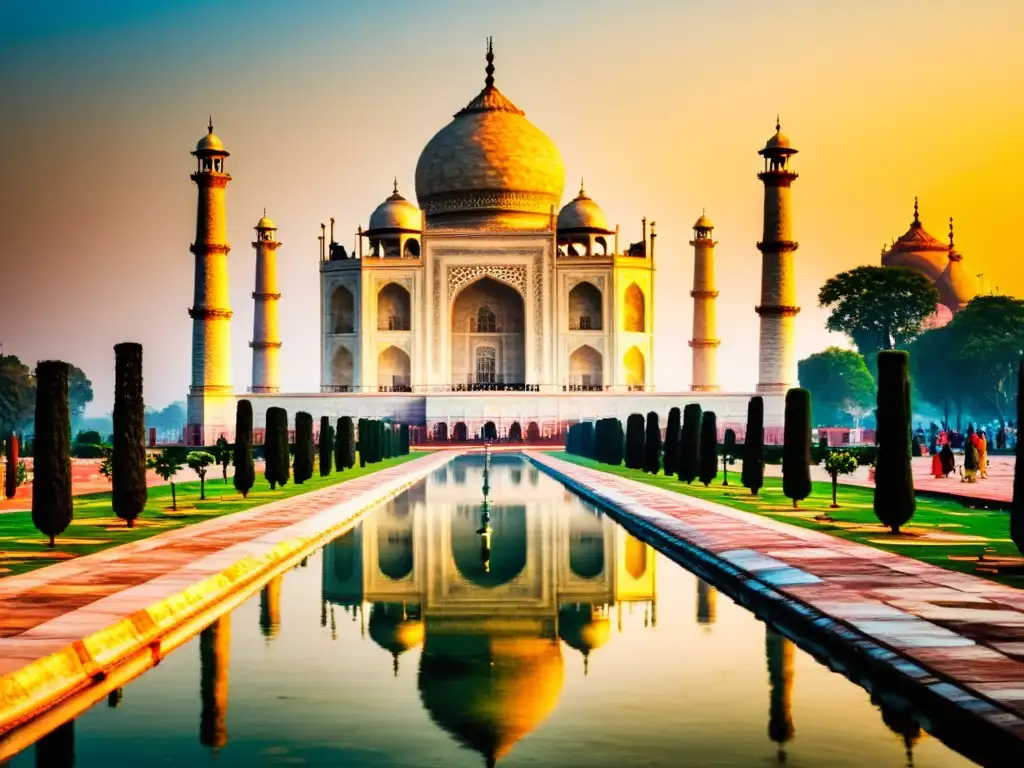 Una imagen impresionante del Taj Mahal al amanecer, con la luz dorada iluminando los detalles de mármol