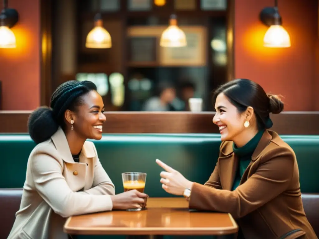 Una imagen nostálgica de intercambio de idiomas en un acogedor café