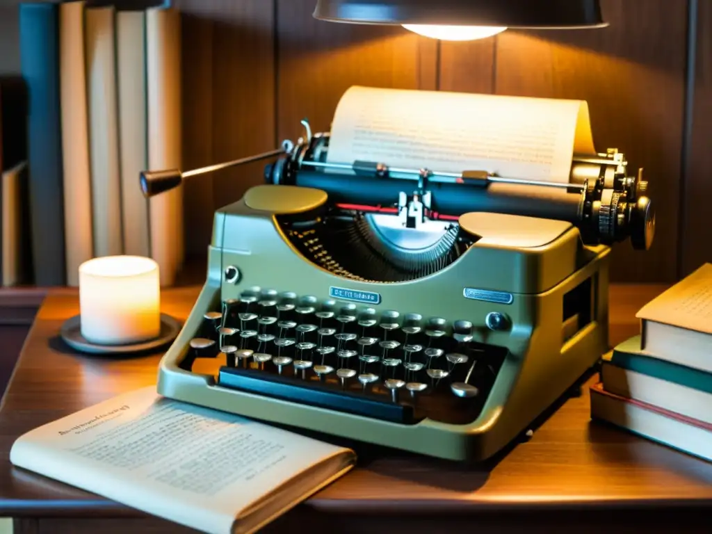 Imagen nostálgica de una máquina de escribir vintage rodeada de libros antiguos y gafas, iluminada por una lámpara tenue