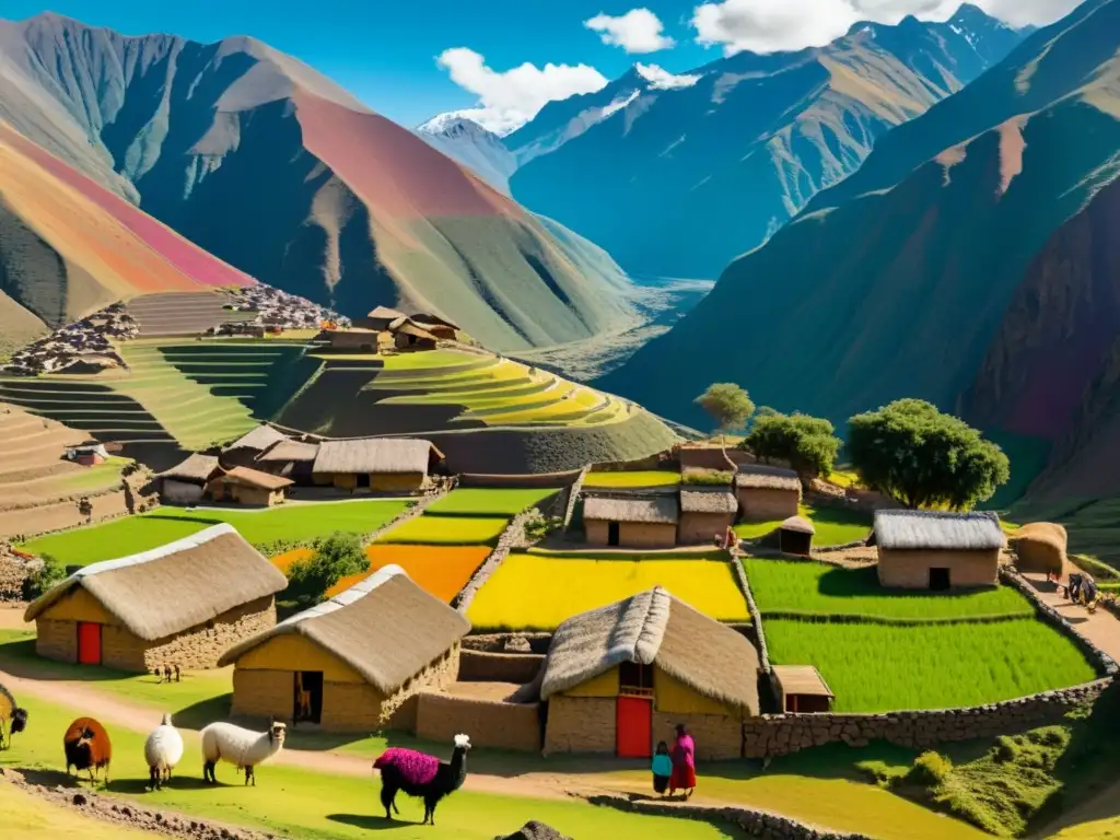 Imagen de un pintoresco pueblo andino con casas de adobe coloridas entre montañas, habitantes realizando actividades diarias como agricultura, tejido y cuidado de llamas