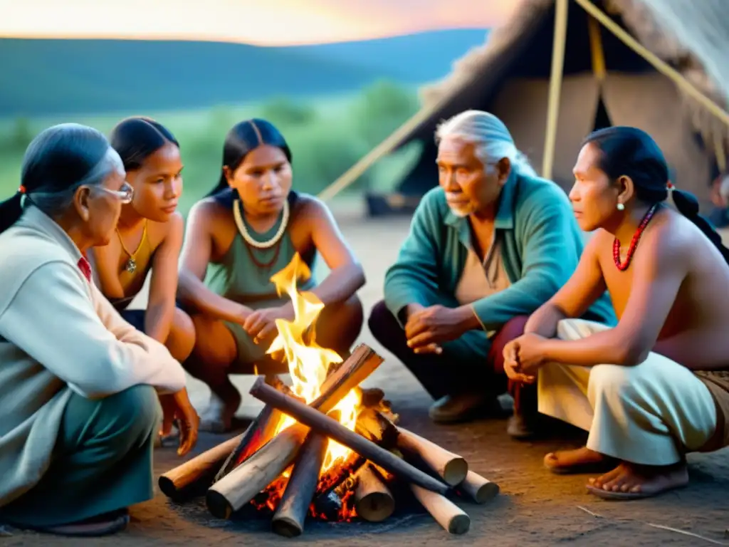 Imagen sepia de proyecto de revitalización lingüística con sonidos ancestrales en comunidad indígena, transmitiendo sabiduría intergeneracional