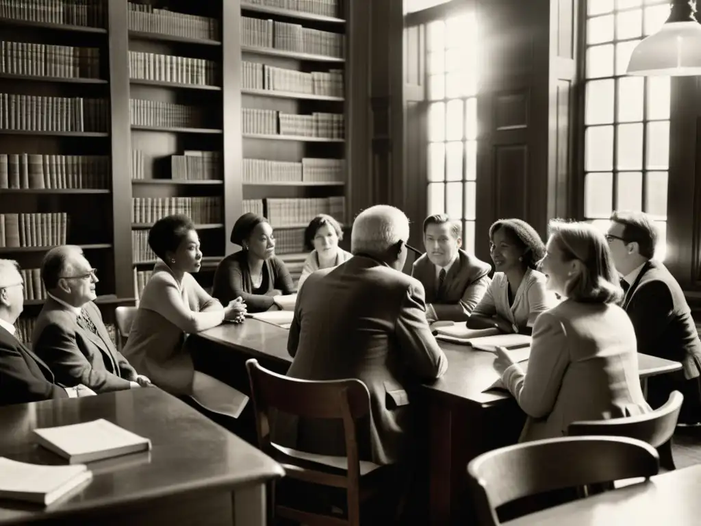 Imagen retro en blanco y negro de una animada reunión en una antigua biblioteca, preservando lenguas semíticas minoritarias