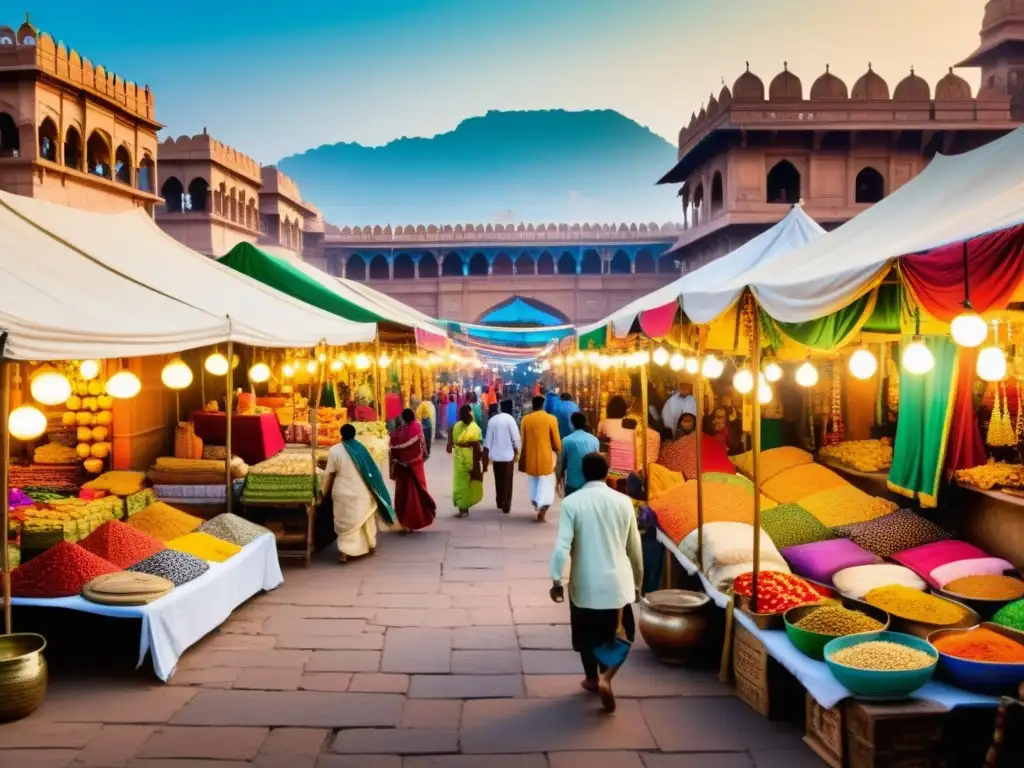 Imagen vibrante de un bullicioso mercado tradicional indio, con textiles coloridos y productos artesanales