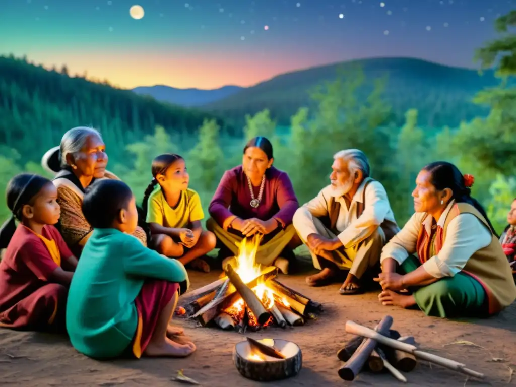 Una imagen vintage de ancianos y niños indígenas reunidos alrededor del fuego, en una sesión de cuentos tradicionales