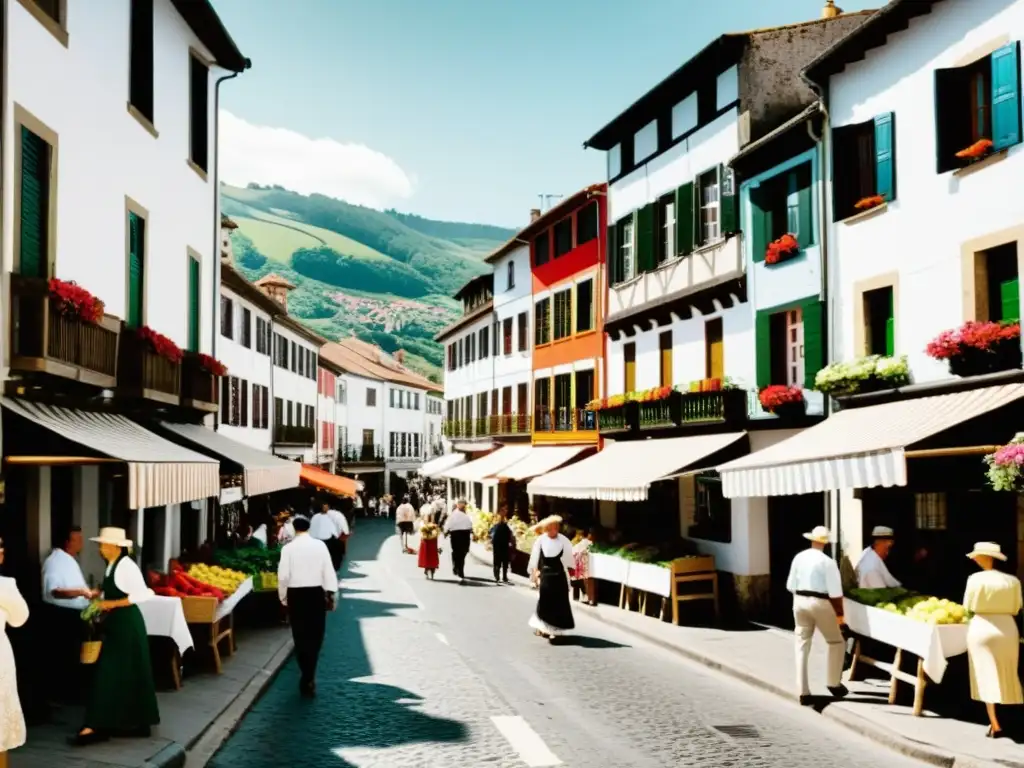 Imagen vintage de una animada calle en un pintoresco pueblo vasco, evocando la rica historia y espíritu comunitario de la vida vasca en España