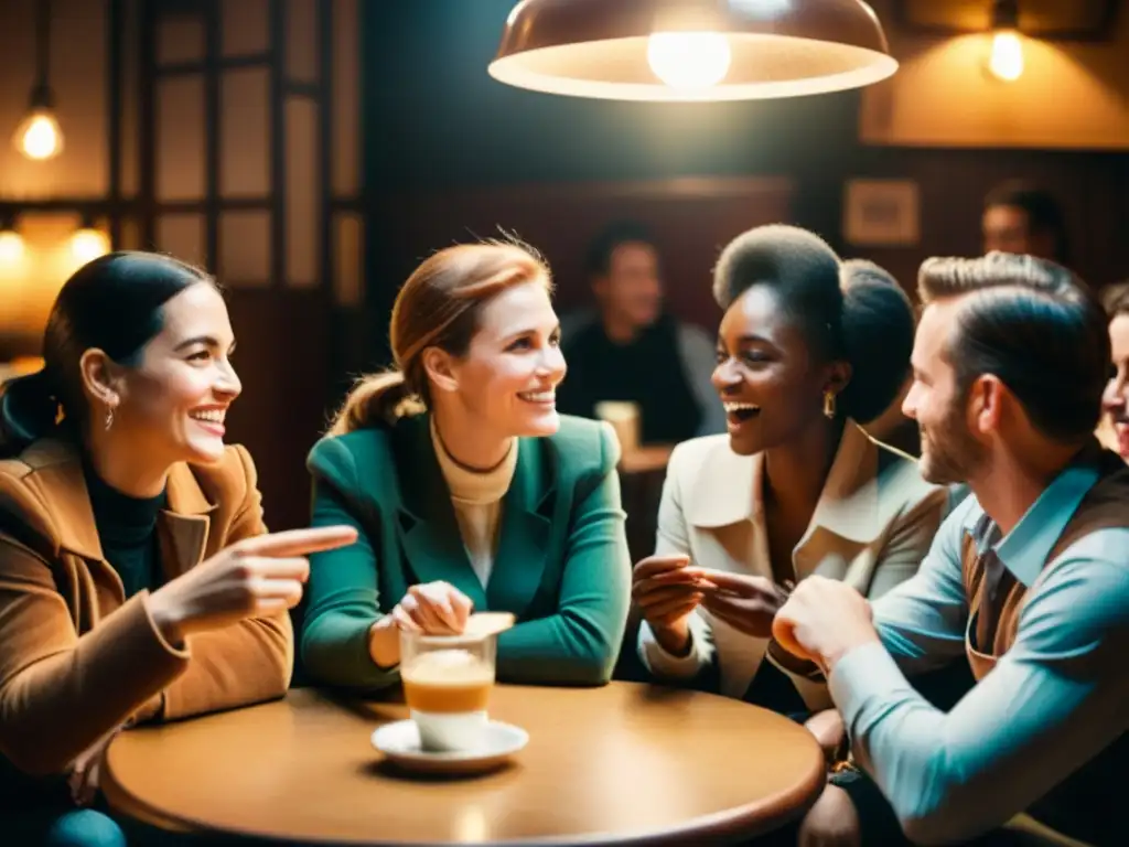 Imagen vintage de un animado debate en un acogedor café, reflejando la atmósfera cálida e inclusiva