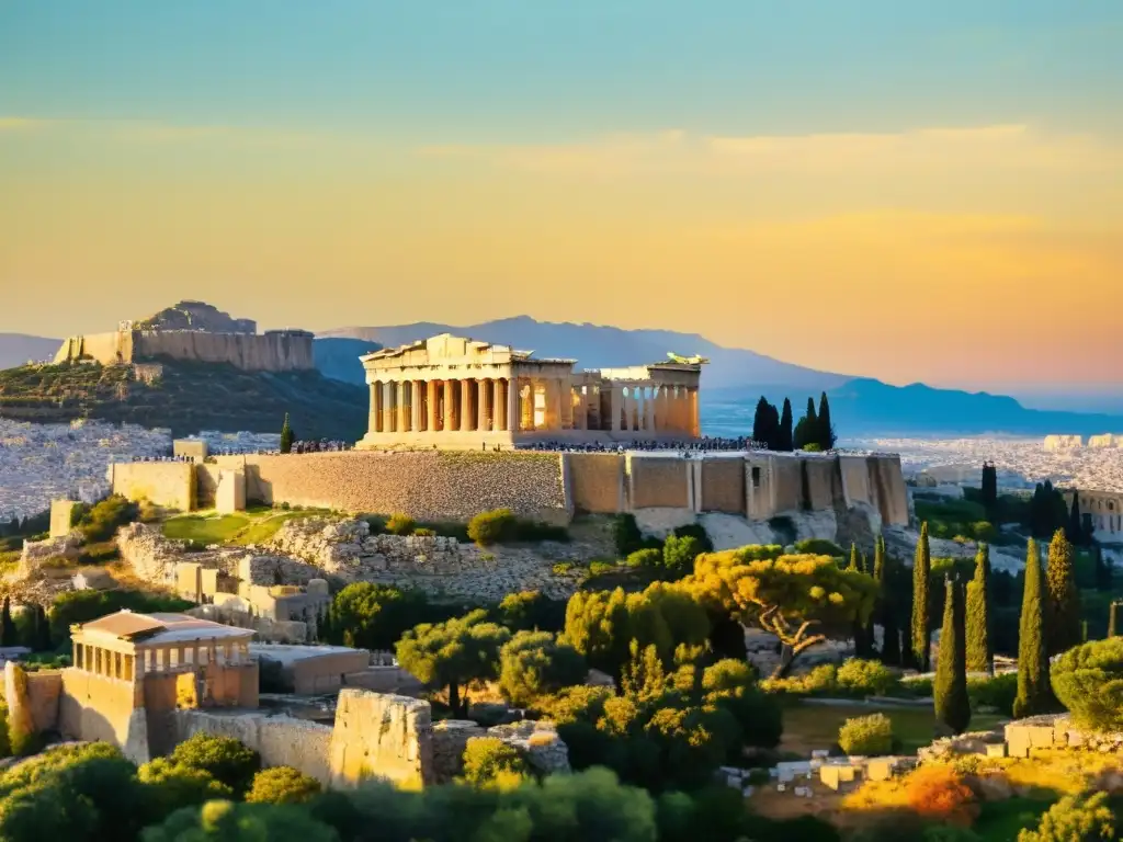 Una imagen vintage de la antigua Acropolis en Atenas al atardecer, con el majestuoso Parthenon y olivos circundantes