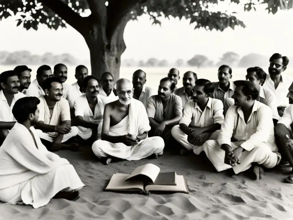 Imagen vintage en blanco y negro de Mahatma Gandhi junto a escritores y poetas bajo un árbol, simbolizando su influencia en la literatura gujarati