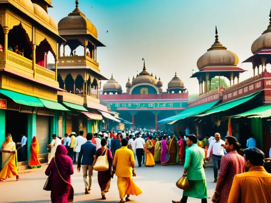 Imagen vintage de bulliciosa calle en Nueva Delhi, con matices del hindú y vibrantes colores, capturando la esencia cultural de la ciudad