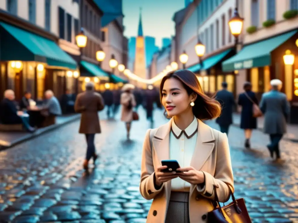 Imagen vintage de una calle bulliciosa con personas de diversas edades usando apps de reconocimiento de voz en sus teléfonos