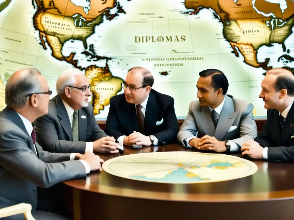 Imagen vintage de diplomáticos en discusión en mesa redonda, con mapas antiguos y globos terráqueos de fondo