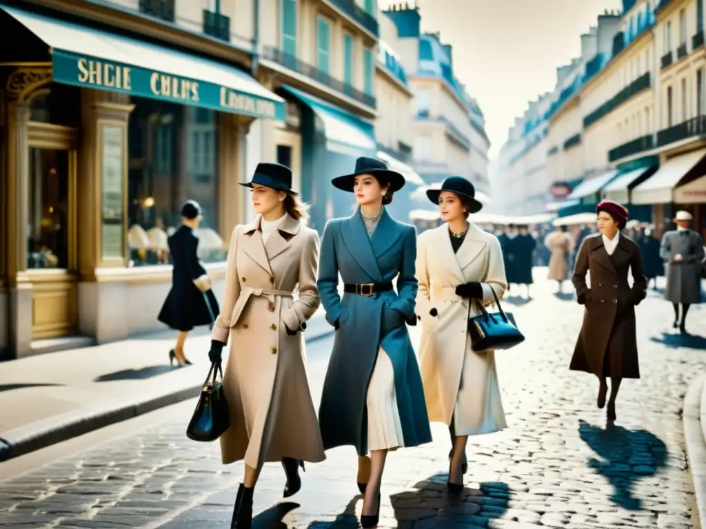 Imagen vintage de elegantes mujeres francesas paseando por una bulliciosa calle parisina del siglo XX