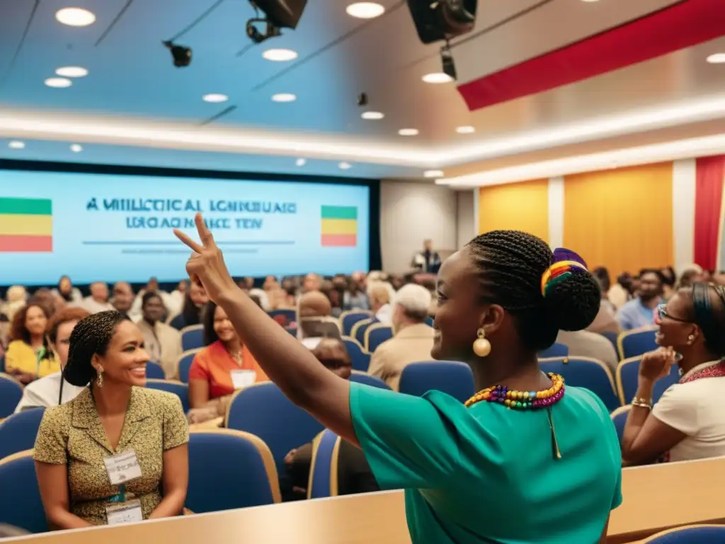 Imagen vintage de evento multicultural con interpretación de lenguaje de señas, promoviendo la inclusión en eventos globales