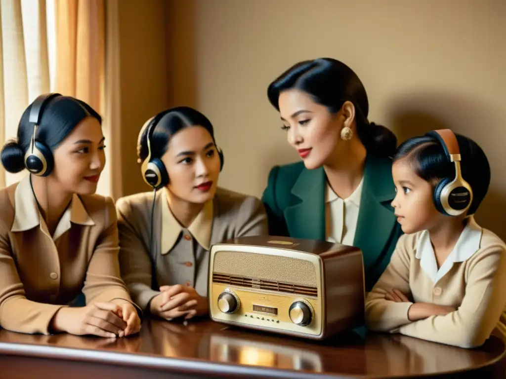 Una imagen vintage de una familia escuchando atentamente la radio en su idioma nativo