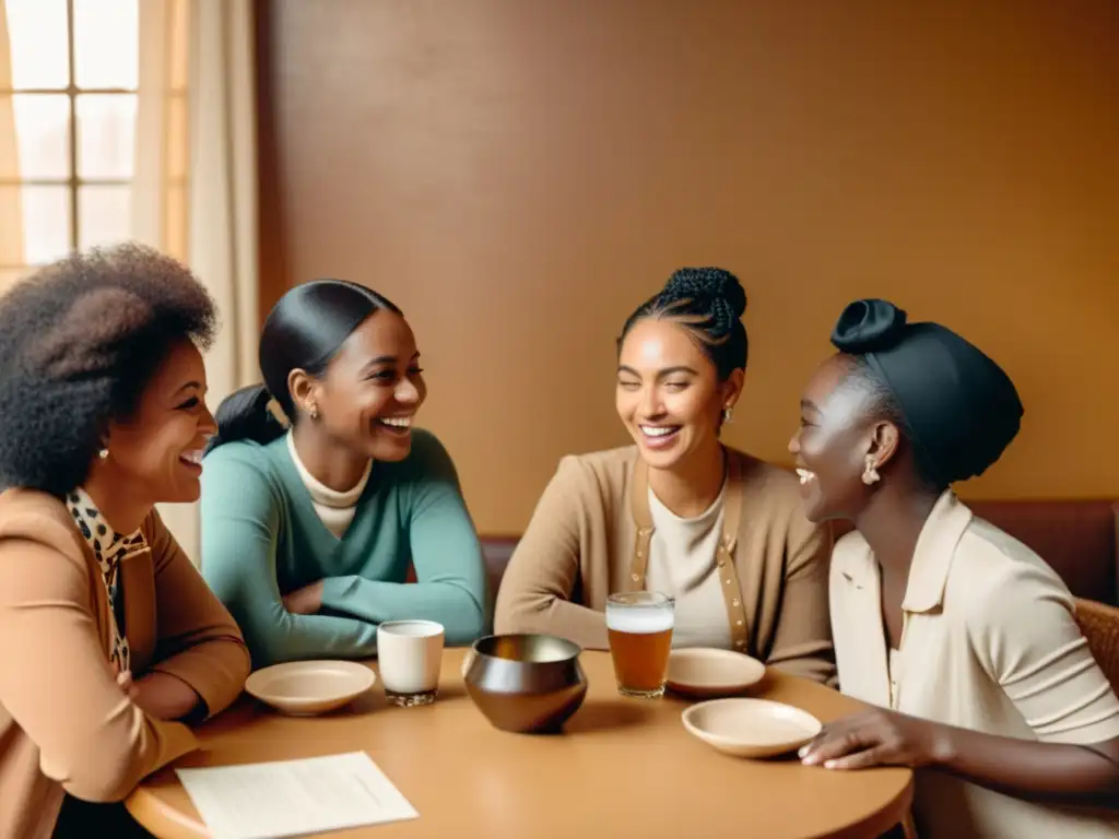 Una imagen vintage de un grupo diverso de personas en una animada conversación en un ambiente cálido y acogedor