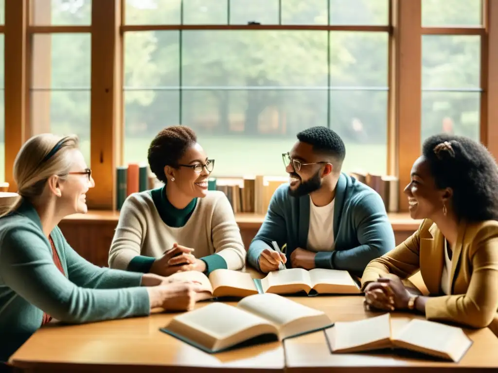 Imagen vintage de grupo diverso debatiendo en acogedora sala llena de libros