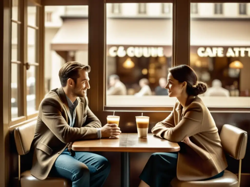 Una imagen vintage de dos personas en una animada conversación en un café, evocando una conexión genuina