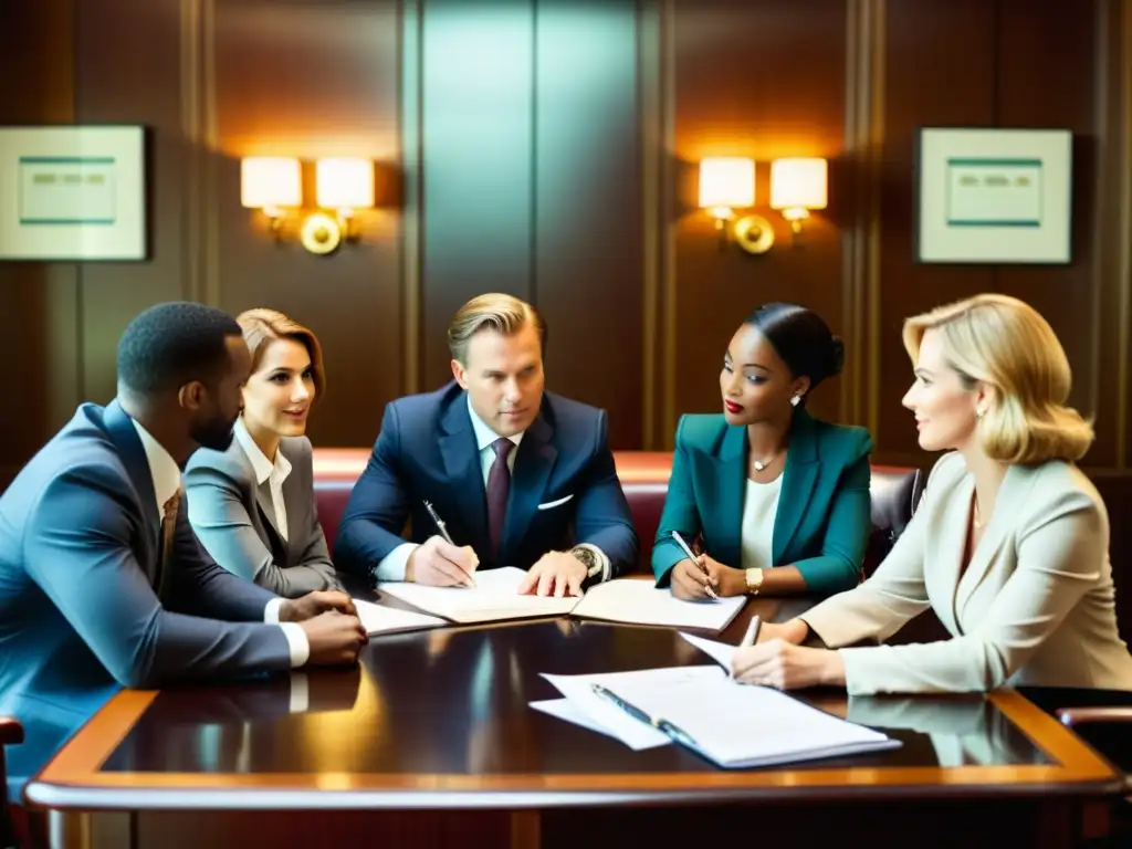 Imagen vintage de profesionales en una animada discusión en una sala de juntas corporativa, con un ambiente profesional y elegante